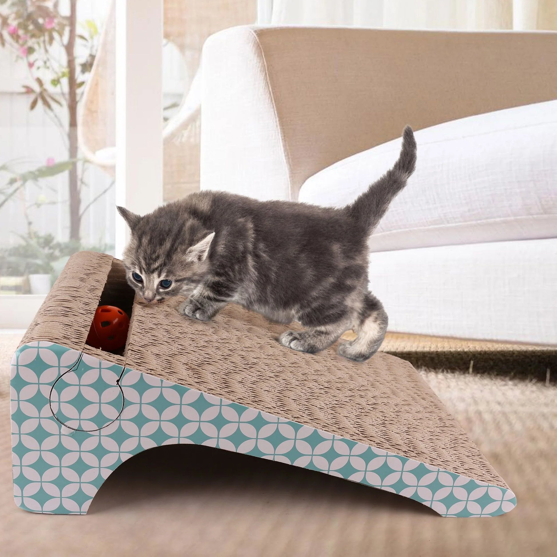 Rascador de Cartón 2 en 1 para Gatos – Con Catnip y Juguete de Campana
